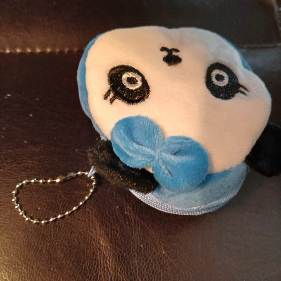 BLUE Fur PANDA Bear Coin Purse STITCHED Eyes Nose 3D Black ears Bow - Picture 4 of 6